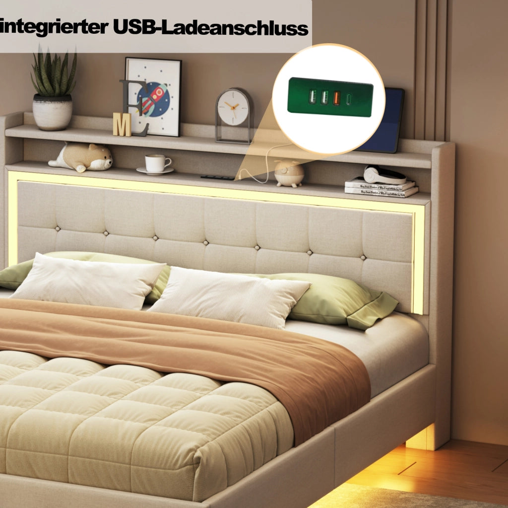 Letto imbottito matrimoniale 140x200 con USB e LED; beige