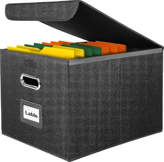 Scatola di archiviazione in stile lino con coperchio, contenitore a muro in fibra di cellulosa e cartone, adatto per casa e ufficio, scatola di archiviazione per stock e giocattoli, 38 x 32 x 27,5 cm (nero, 1 pezzo)