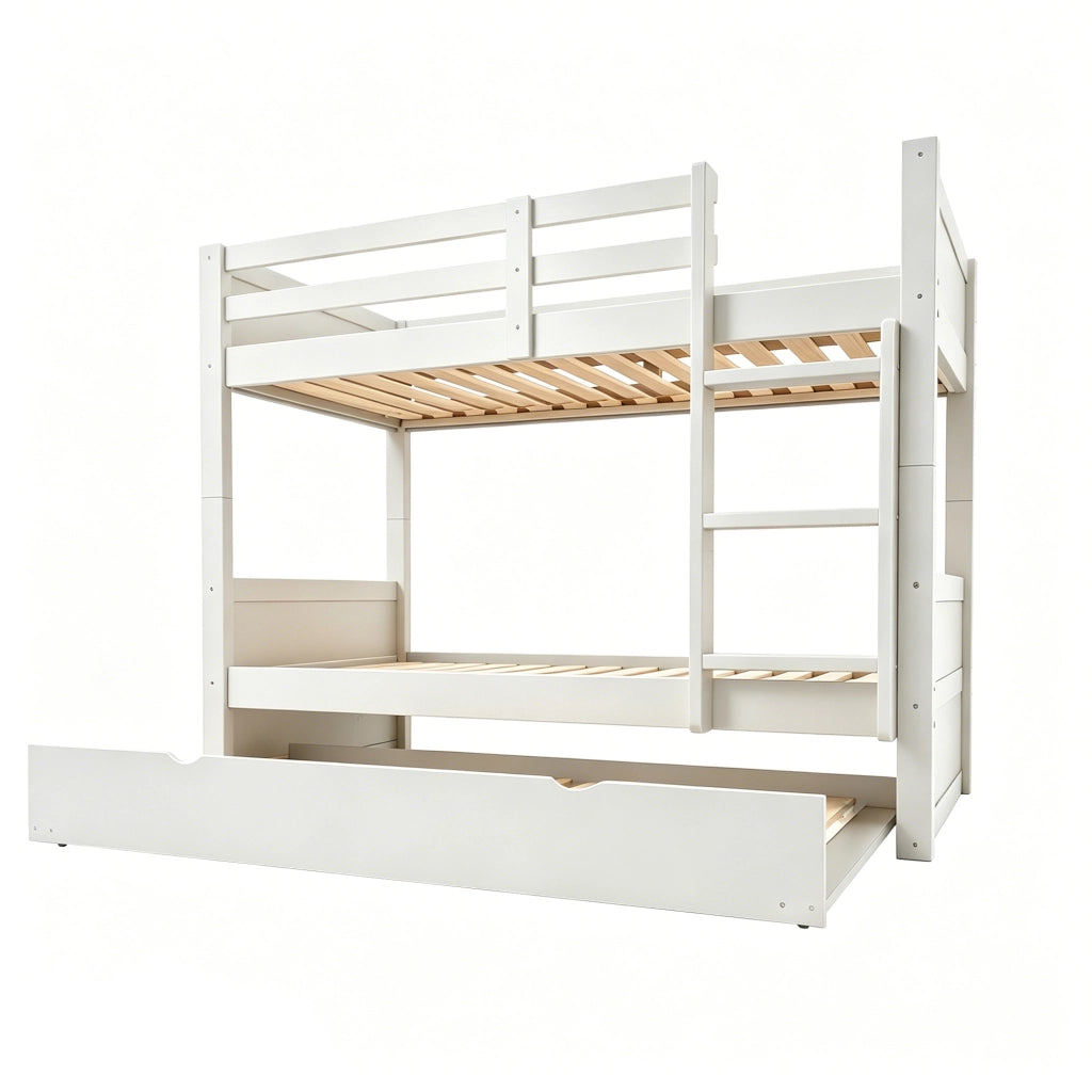 Letto a castello 90x200 cm in legno con letto estraibile, trasformabile in 2 letti singoli, bianco