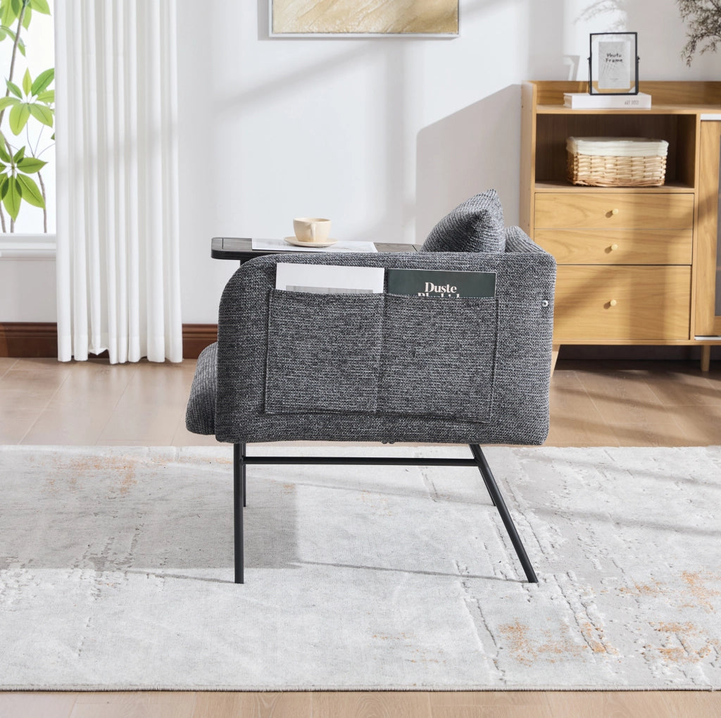 Poltrona in ciniglia grigio scuro con tavolino laterale e 2 tasche; 86 x 72 x 71 cm