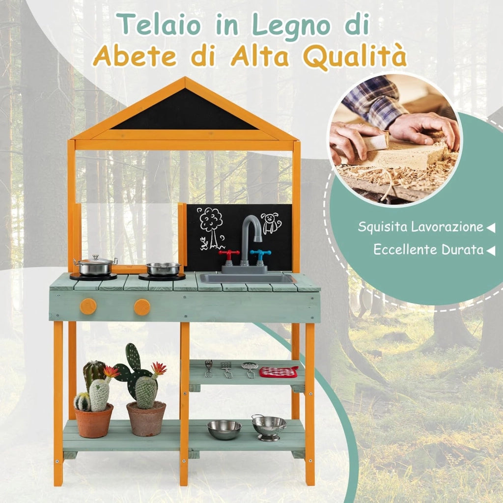 Cucina Giocattolo per Giardino con Vaso da Piantinaggio Trasparente, Rubinetto e Lavandino Rimovibile, Cucina in Legno di Abete per Bambini, Set Cucina con 8 Accessori (Verde e Arancio)