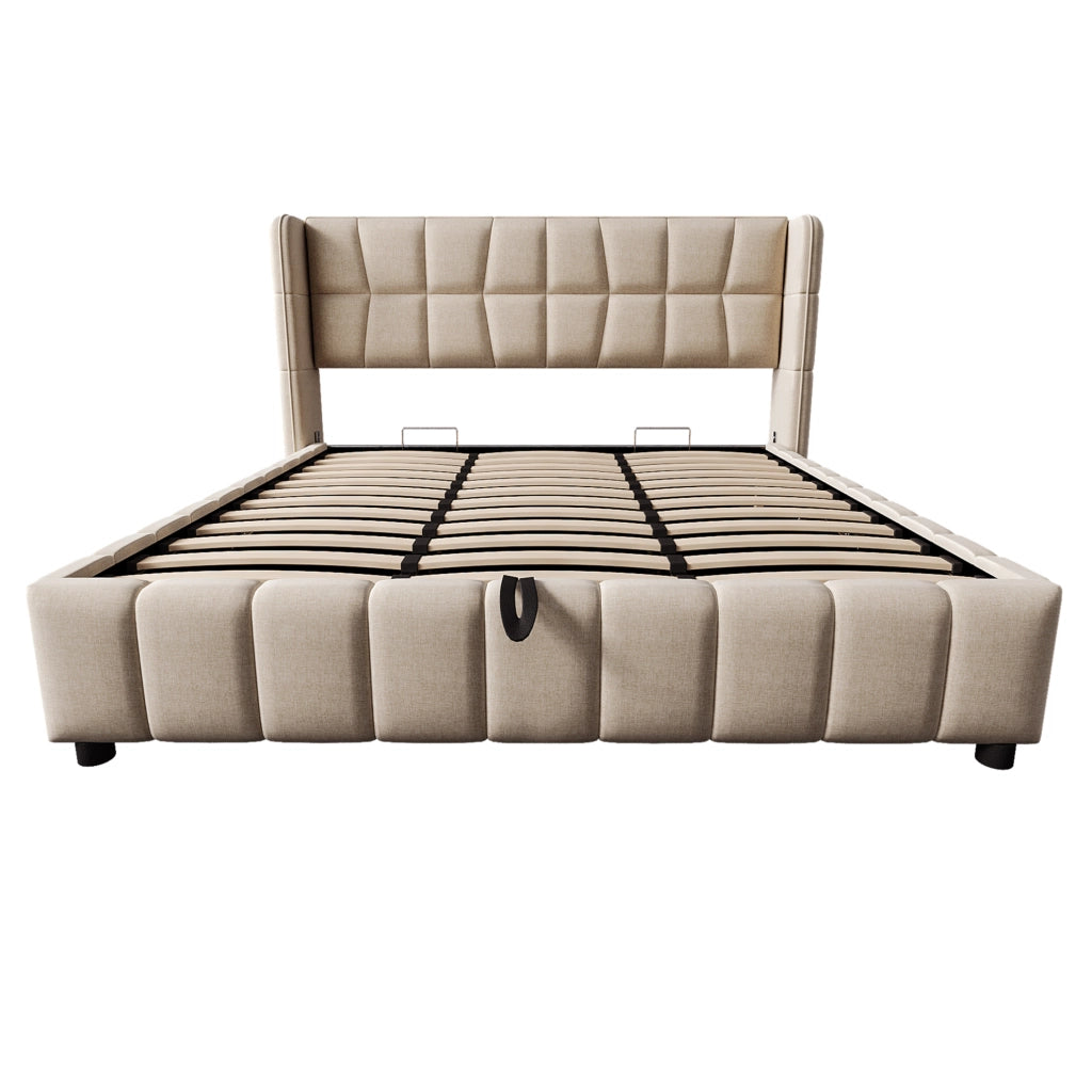 Letto imbottito 180x200 cm con contenitore in tessuto beige