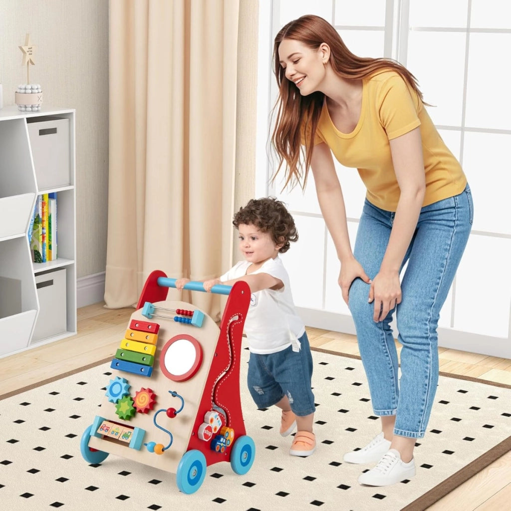 Girello a spinta in legno per bambini con manico e ruote, Giocattolo montessori con contenitore per spingere e tirare-Primi passi