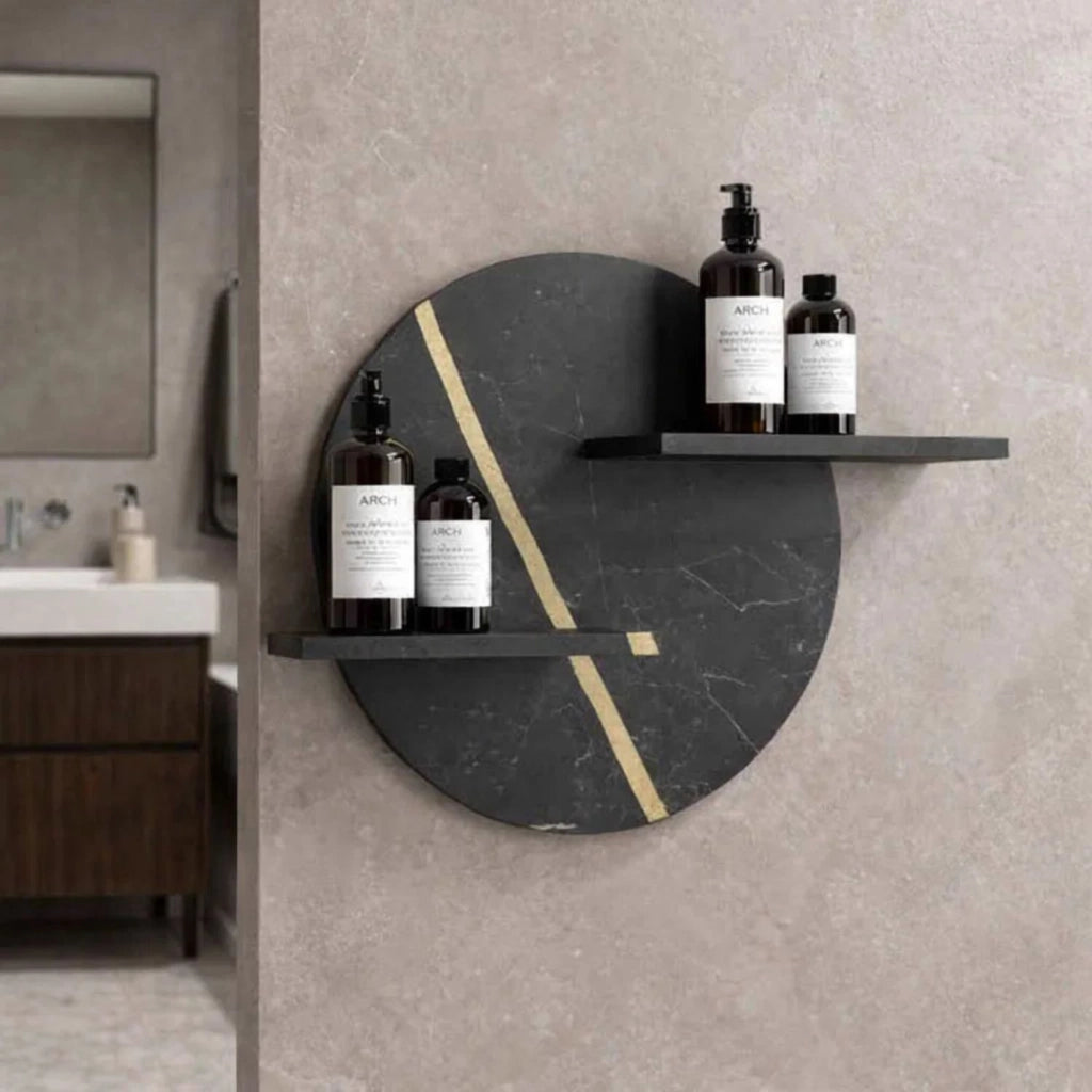 Mensola a parete nero e nocciola venato in artificial stone serie jorm per bagni *** finitura- nero, confezione 1