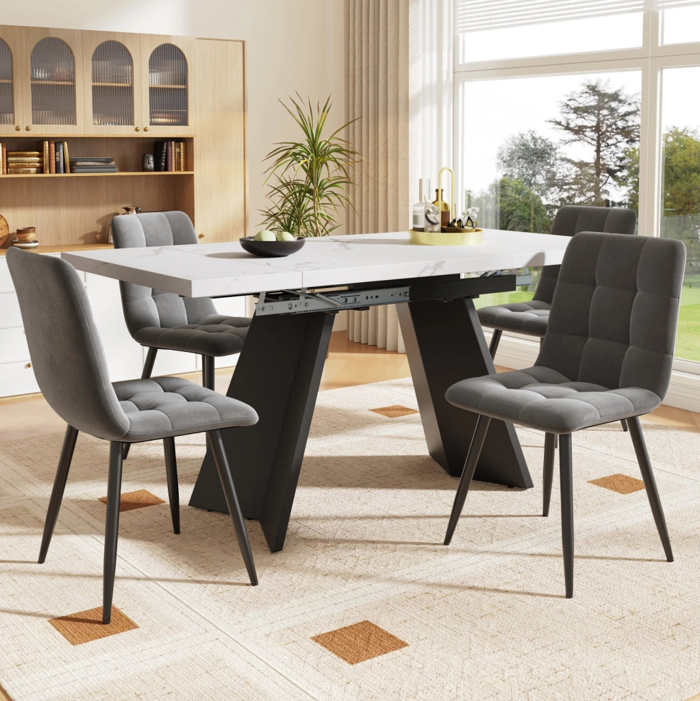 Set da pranzo allungabile 99-159x74x77 cm con 4 sedie; MDF; metallo e velluto; bianco e nero