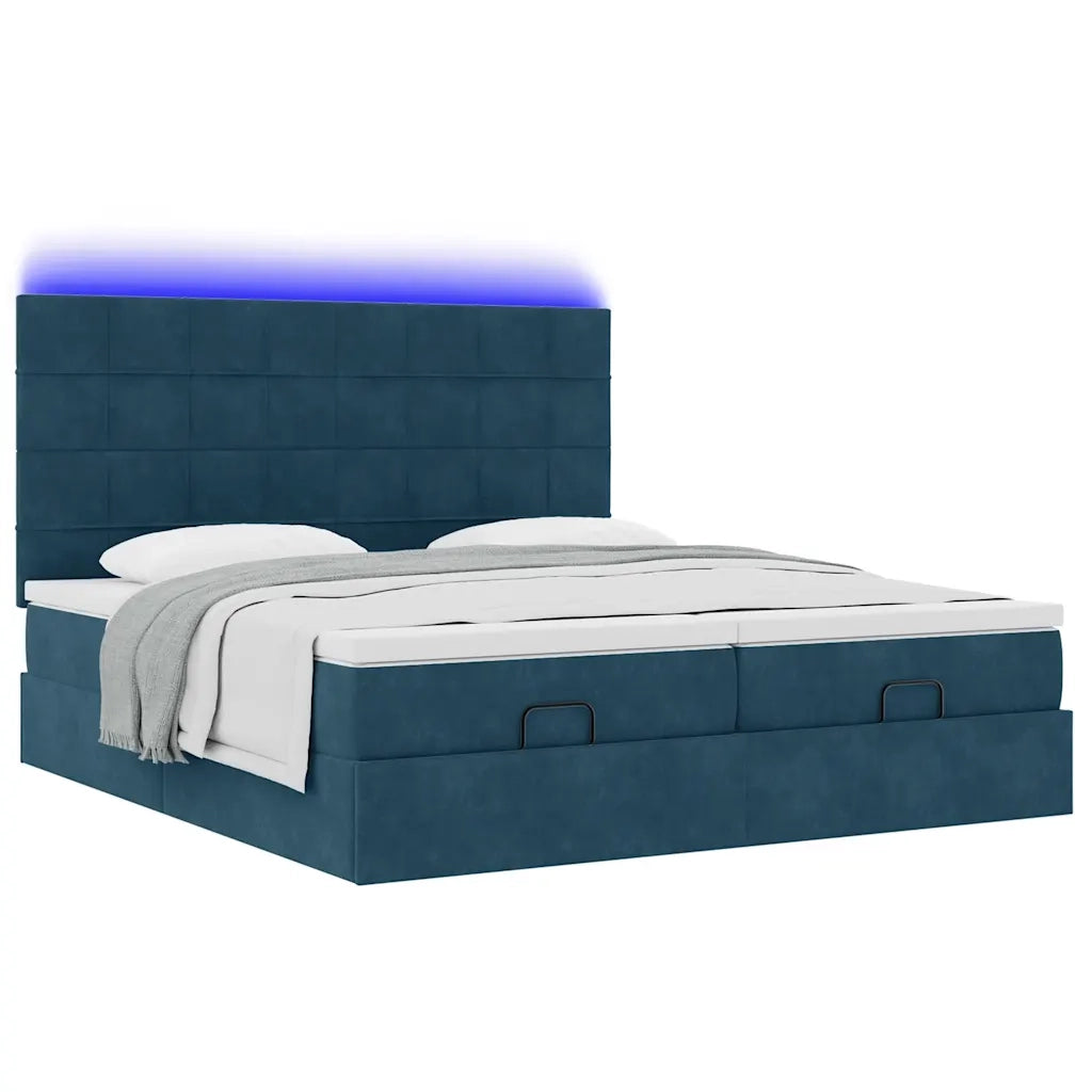 Pouf Letto con Materassi e LED Blu Scuro 200x200cm Velluto