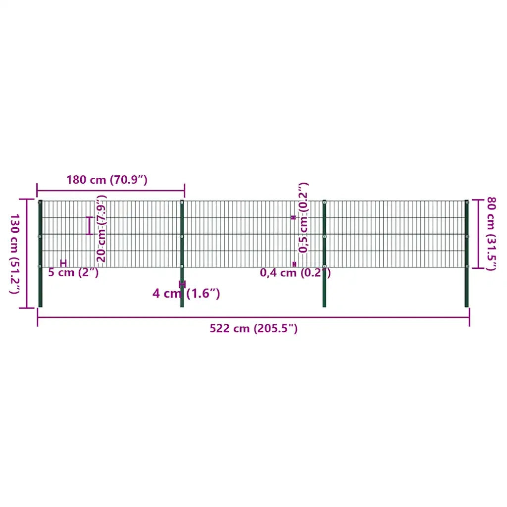 Pannello di Recinzione con Pali in Ferro 5,1x0,8 m Verde