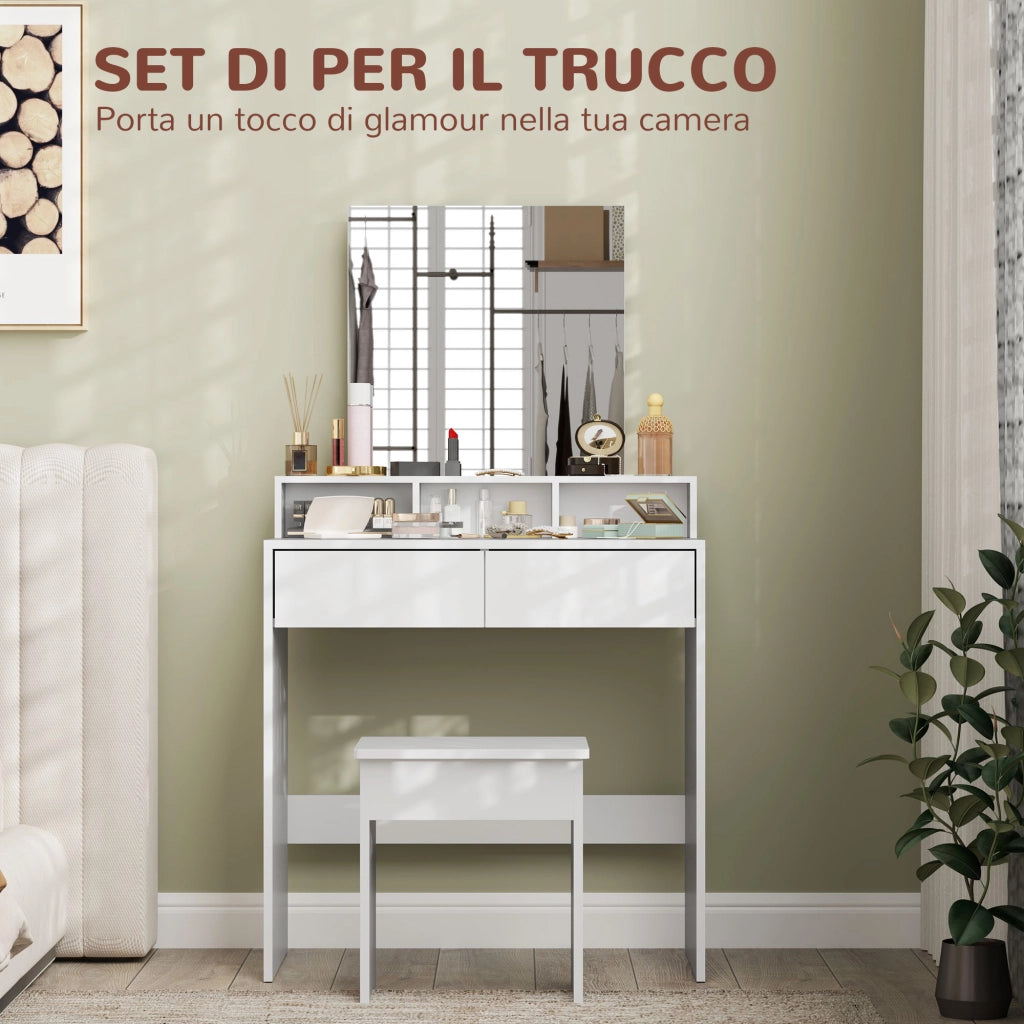 Tavolo da trucco con specchio, 3 ripiani, 2 cassetti e sgabello ¨C zephmum ¨C Legno, Bianco, 75x38x135 cm