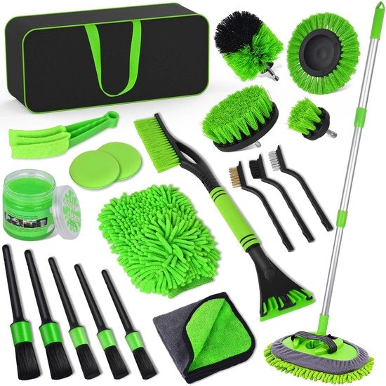 Set di pulizia auto 20 pezzi per interni ed esterni, kit di pulizia auto con spazzola per auto, set di spazzole per dettagli, spazzola per cerchioni, microfibre, guanto da lavaggio, set di pulizia per motori, auto e camion.