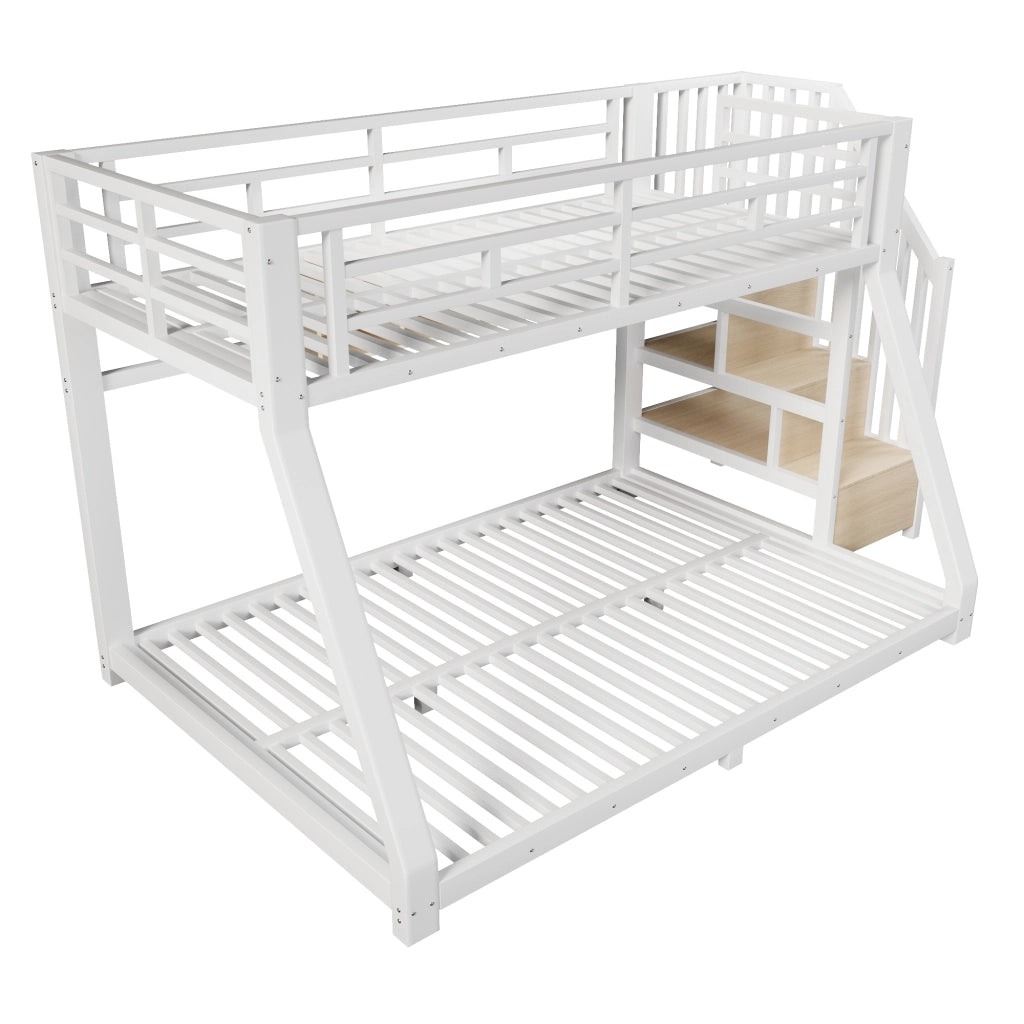 Letto a castello 90 × 200 cm et 140 × 200 cm con 3 scomparti, scale contenitore et LED, senza materasso, in metallo, bianco