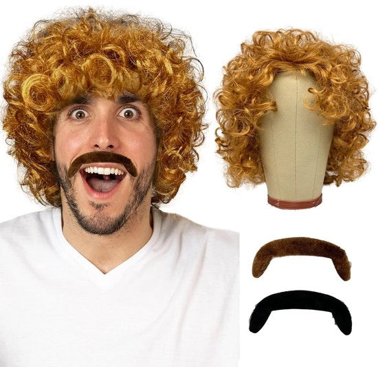 Parrucca Curva - 3 Pezzi - Capelli Biondi - Trucco per Uomo - Accessorio per Capelli - Festa di Carnevale - Stile Hippie Rock - 70/80 - Festa di Costume