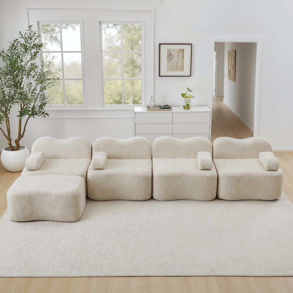 Divano angolare modulare 4 posti con pouf in velluto e schiuma 32D; beige