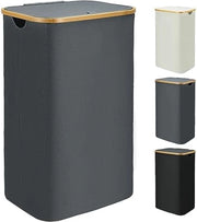 Wascio con coperchio, 110 litri, grande wascio con manico di bambù e sacco di bucato rimovibile, cassetto per bucato con coperchio, cassetto per bucato pieghevole, raccolta bucato con coperchio (grigio)