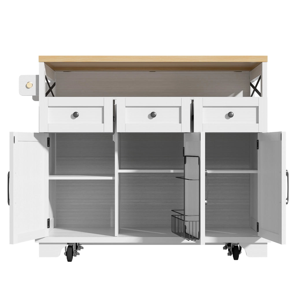 Isola da cucina con 3 cassetti; piano ribaltabile; portaasciugamani e ruote; in MDF e metallo; 118 x 43-70 x 98 cm; bianco