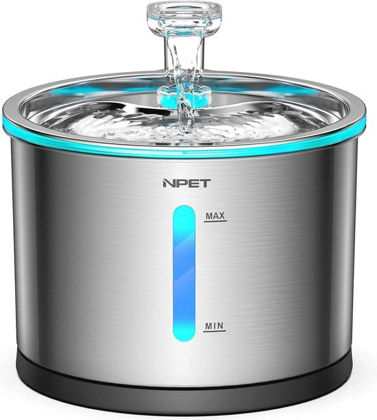 Fonte per acqua per gatti in acciaio inossidabile, 1,5 litri con monitor di livello dell'acqua e illuminazione a LED