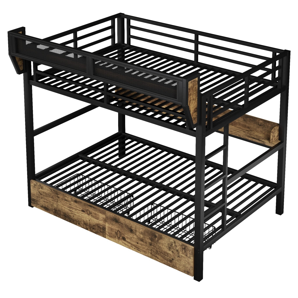 Letto a castello 140×200 cm con 2 cassetti; ripiano; cestello e LED; senza materasso; nero