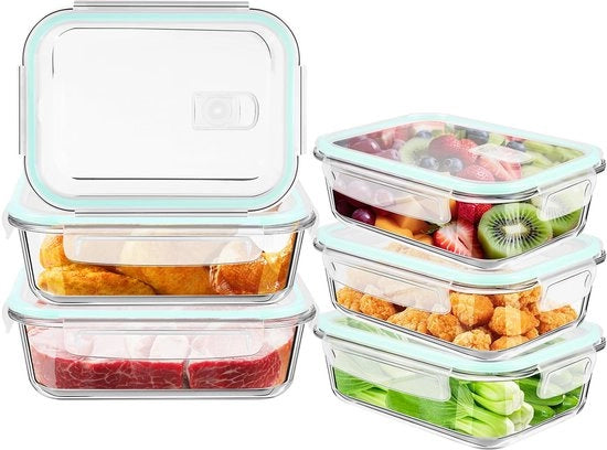 Contenitori in vetro per alimenti con coperchi 12 pezzi (6 contenitori + 6 coperchi) - Contenitori in vetro con coperchi Adatti per microonde, lavastoviglie e congelatore - Scatole per preparazione pasti in vetro Scatola per pranzo in vetro libera da BPA