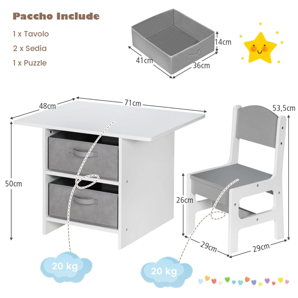 Set di tavolo e 2 sedie bambini, Set di scrivania da 3 pezzi con ceste portaoggetti rimovibili per stanza giochi grigio