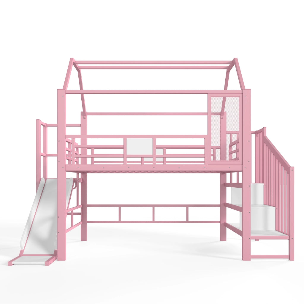 Letto a soppalco per bambini a casetta rosa 140x200 cm con scivolo; LED e scaletta