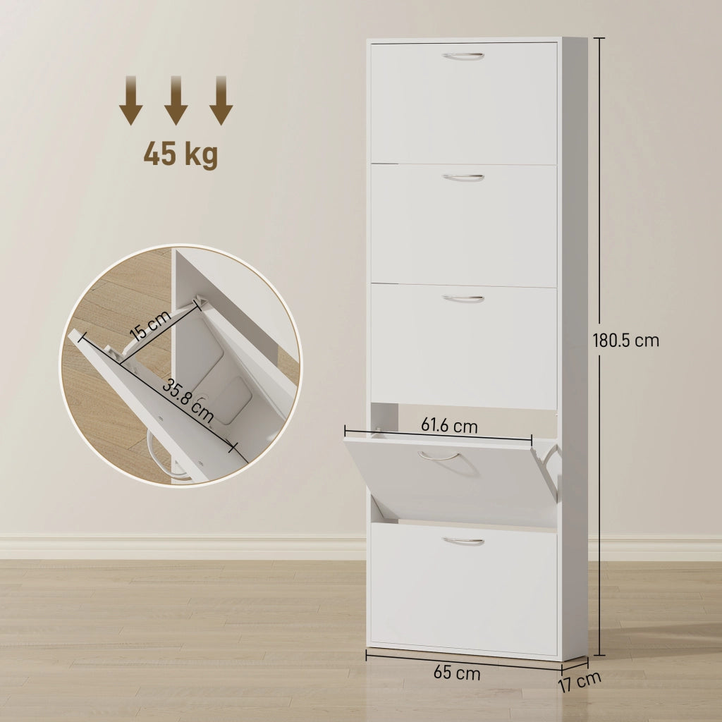 Mobile Scarpiera a 5 Ante Antiribaltamento 65x17x180.5 cm in Legno Bianco