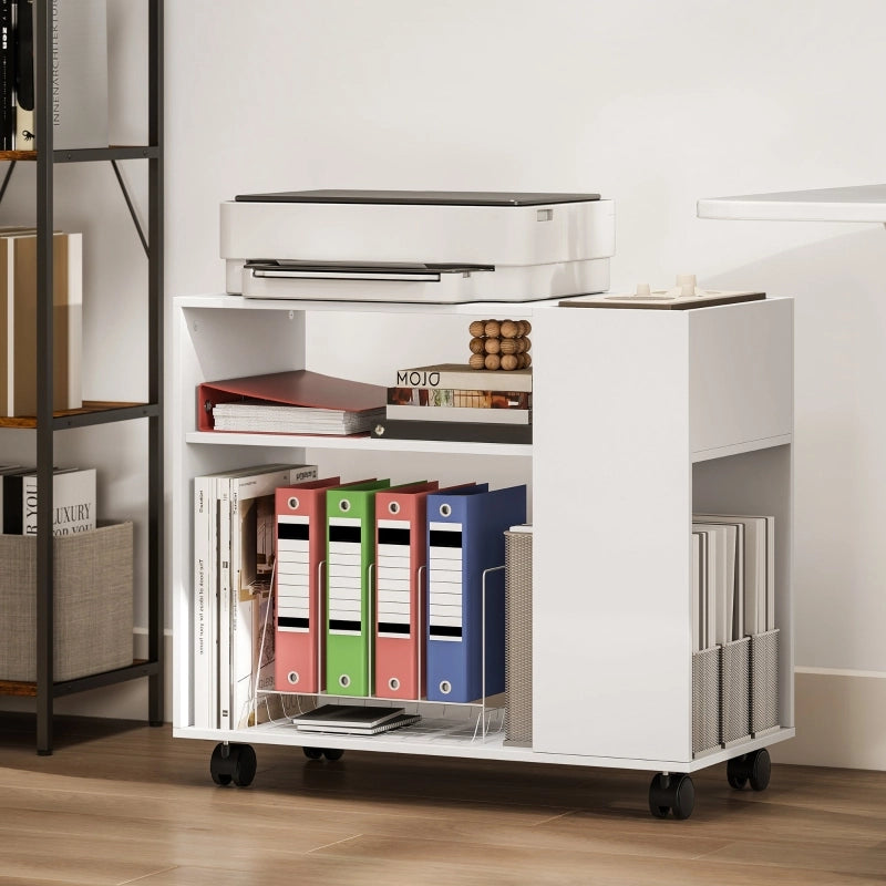 Carrello Porta Stampante Bianco con Ripiani e Vano Divisorio, 70 x 34 x 60 cm