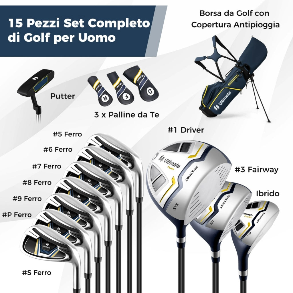 Set completo di mazze da golf da uomo per destrimani, Sacca da golf portatile per destrimani con cavalletto Giallo e Blu Navy-Golf