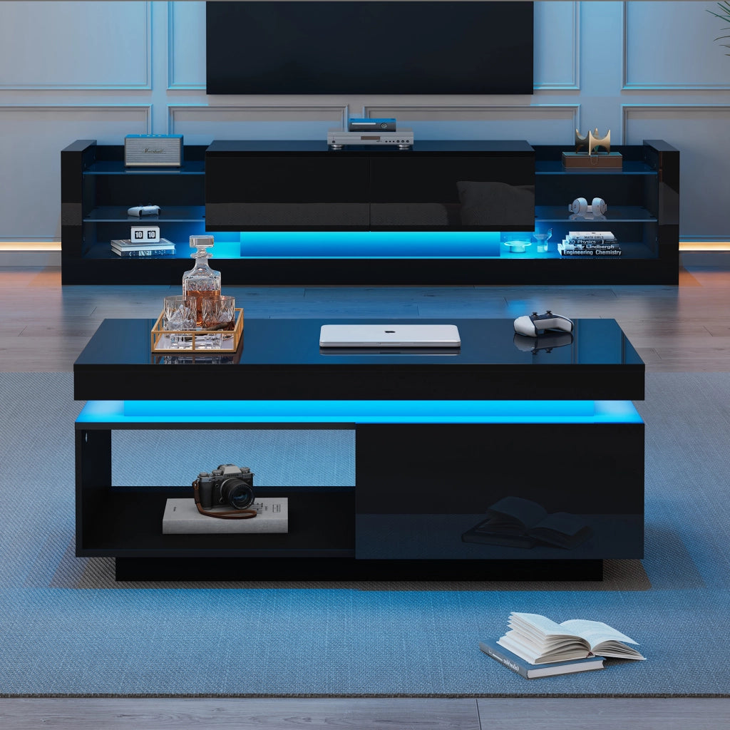 Set di Mobili da Soggiorno con 1 Mobile TV e 1 Tavolino; Illuminazione LED; per Soggiorno; Pannelli di Particelle; Nero
