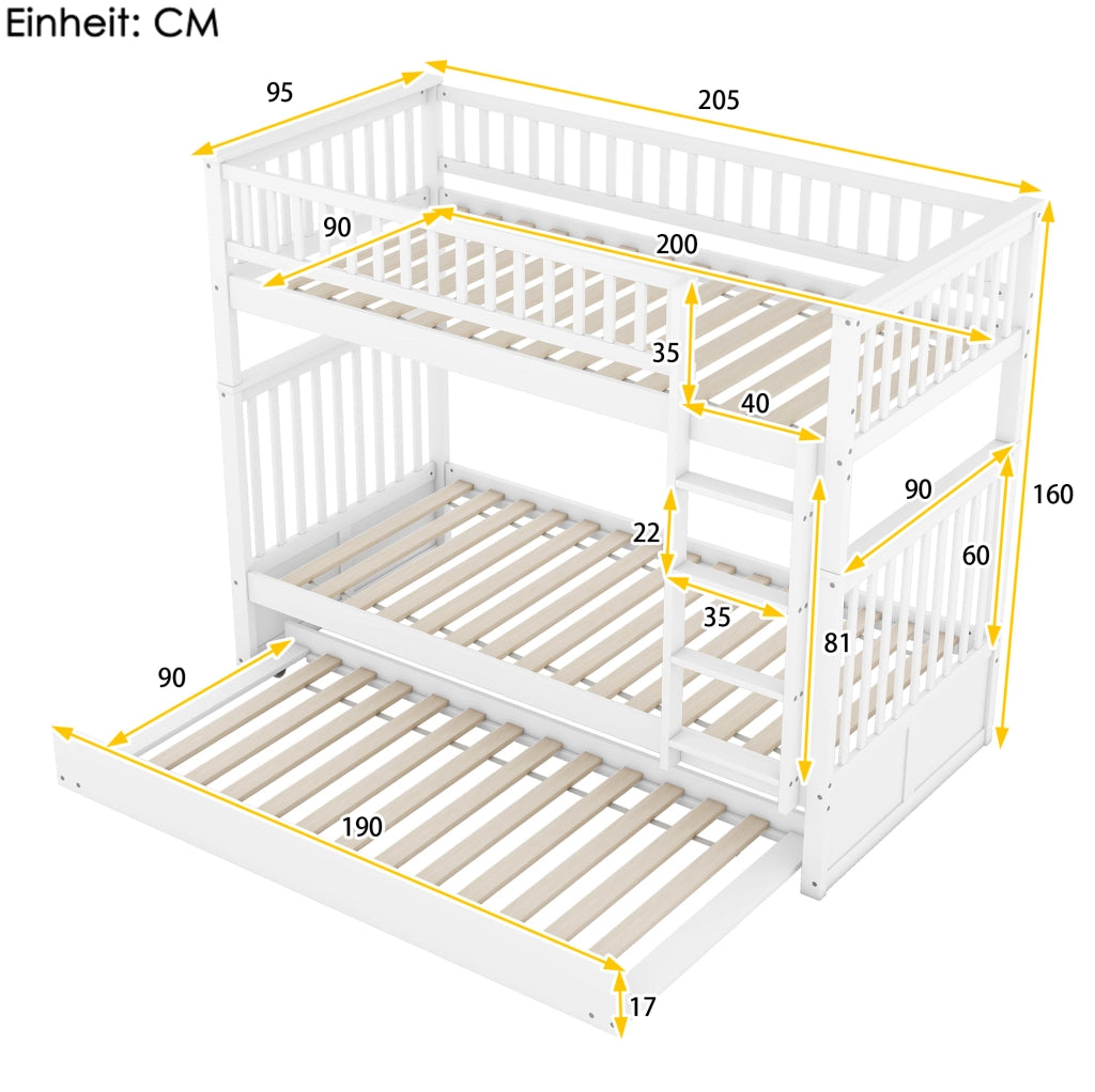 Letto a castello 90x200 cm con letto estraibile; in pino e MDF