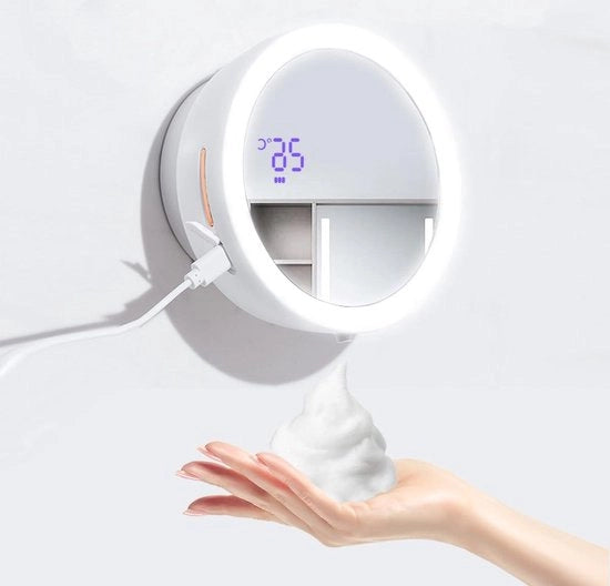 Dispensatore di sapone per mani automatico con LED, specchio di trucco, attacco alla parete, impermeabile, visualizzazione della temperatura.