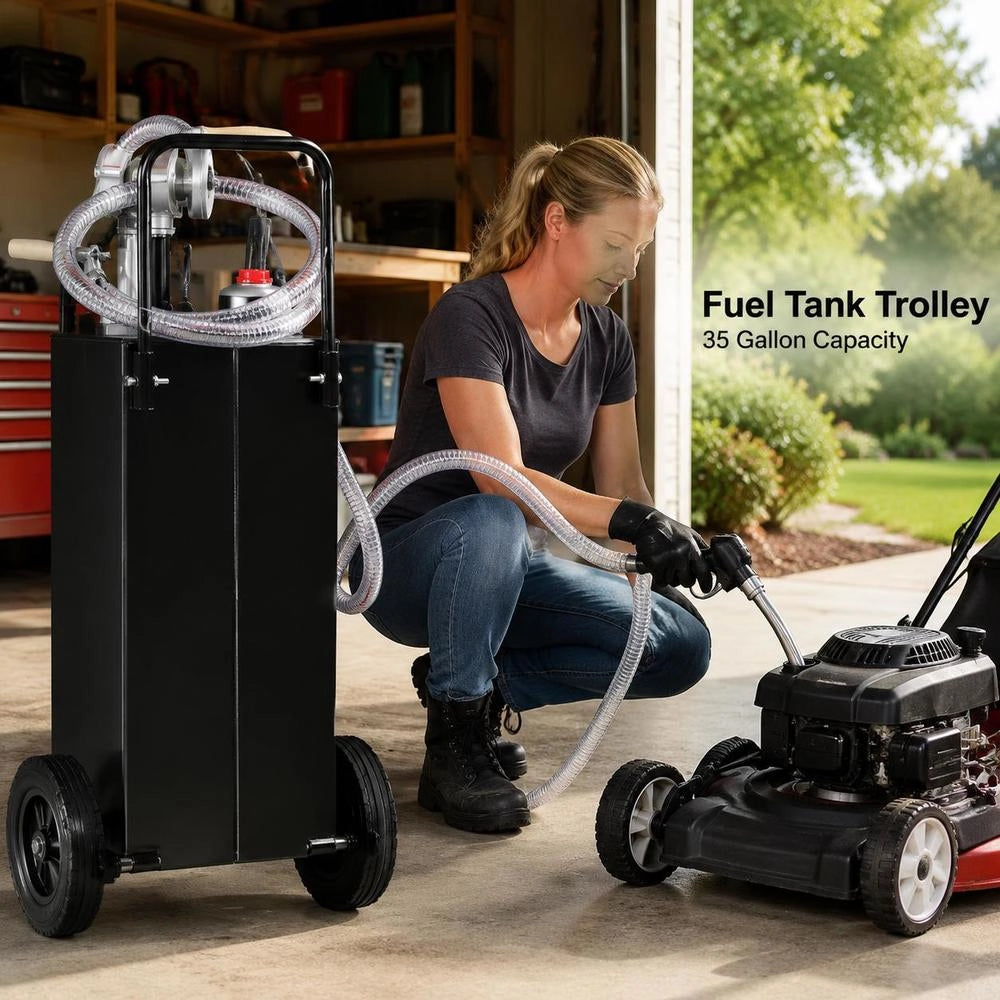Fuel Trolley 35 Gallon Gas Fuel Tank Container 106 X 53 X 53 Cm With Manual Transfer Pump, Gasoline/diesel Fuel Tank For Cars, Lawnmowers, ATVs, Boats, Black