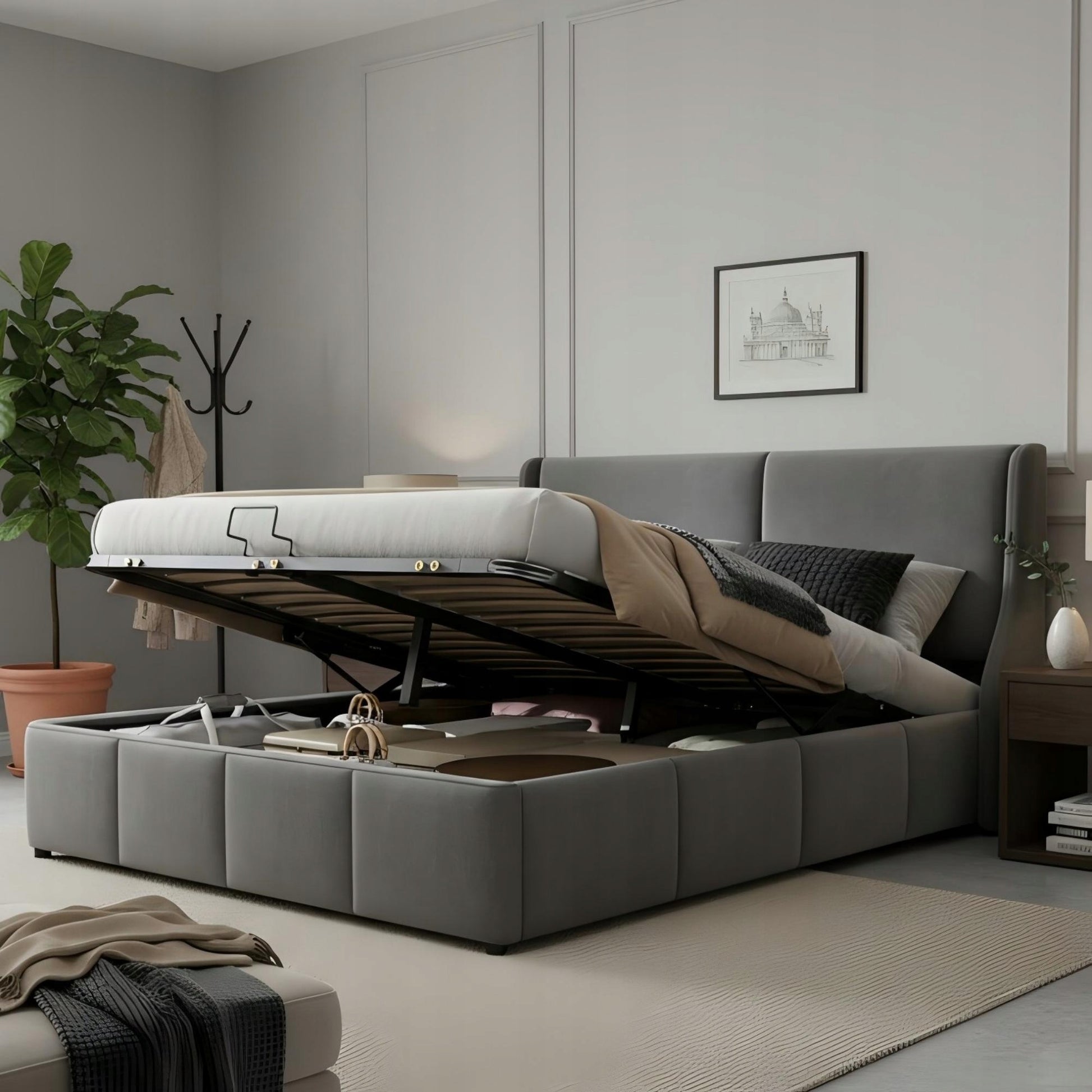 Letto imbottito 160x200 - Xylo - Grigio, meccanismo idraulico