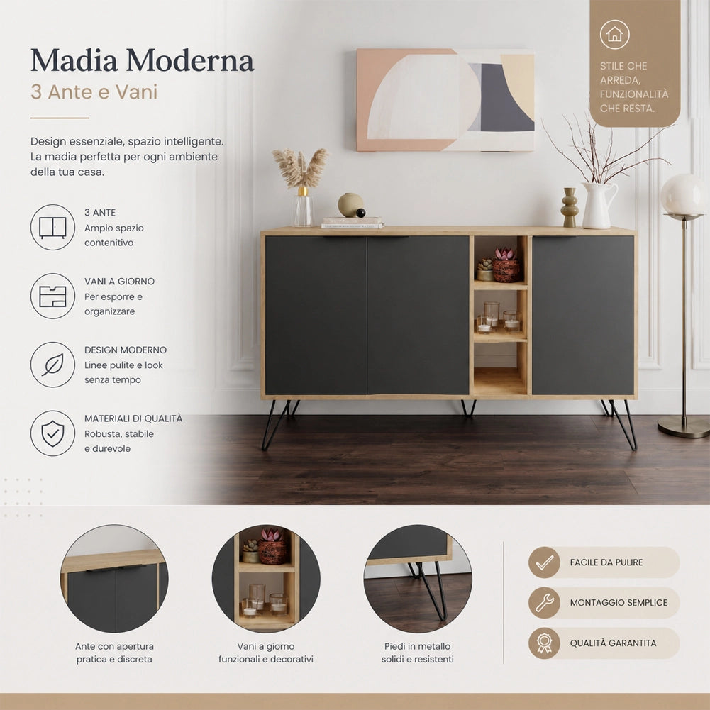 Madia Moderna Credenza con 3 Ante e Vani a Giorno 142x83 cm Rovere e Antracite