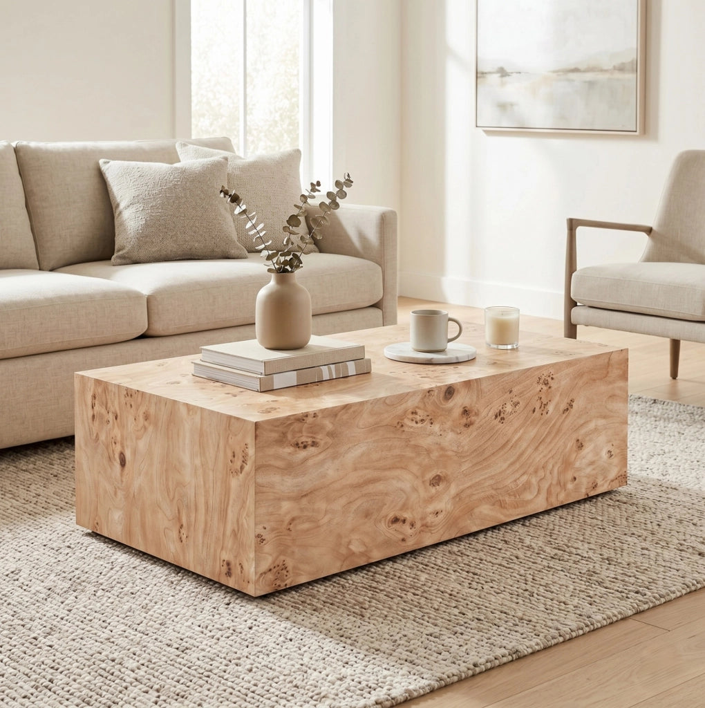 Tavolino da caffè minimalista in MDF; versatile; superficie liscia; naturale