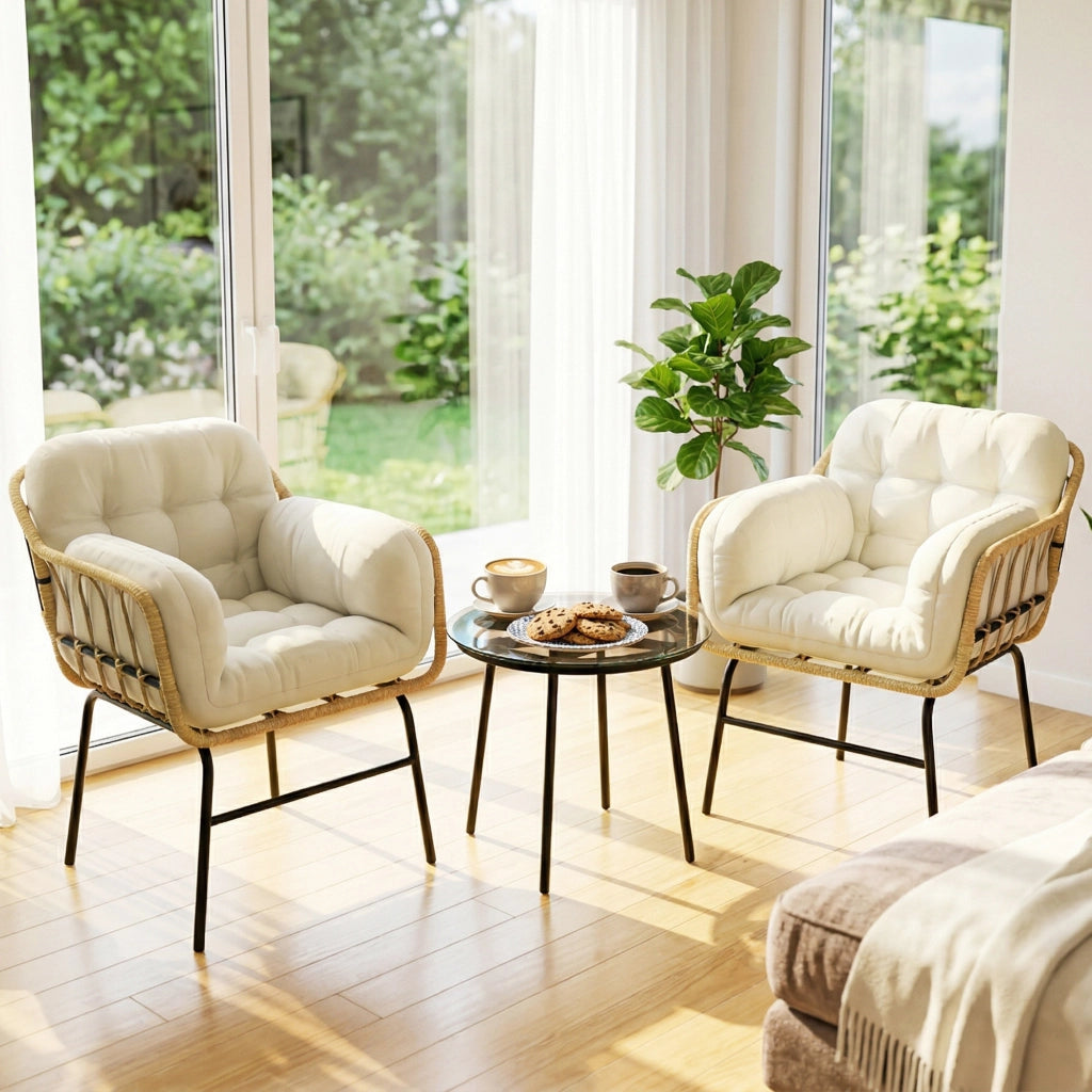 Set da giardino 3 pezzi in polyrattan ¨C Minimal ¨C tavolo in vetro, cuscini, kaki, 62x73x79cm