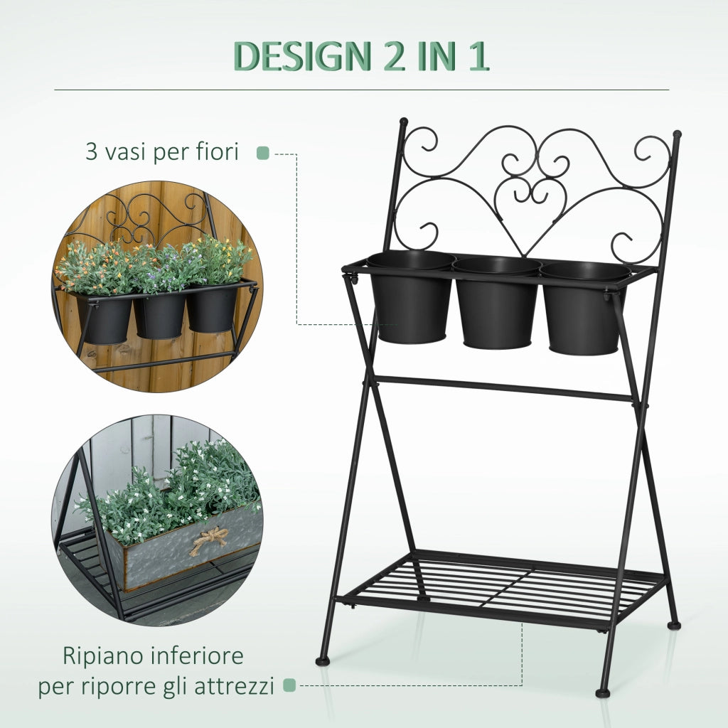 Portapiante Pieghevole in Metallo con 3 Vasi ¨C Zephmum ¨C Nero 47x37x78.5 cm