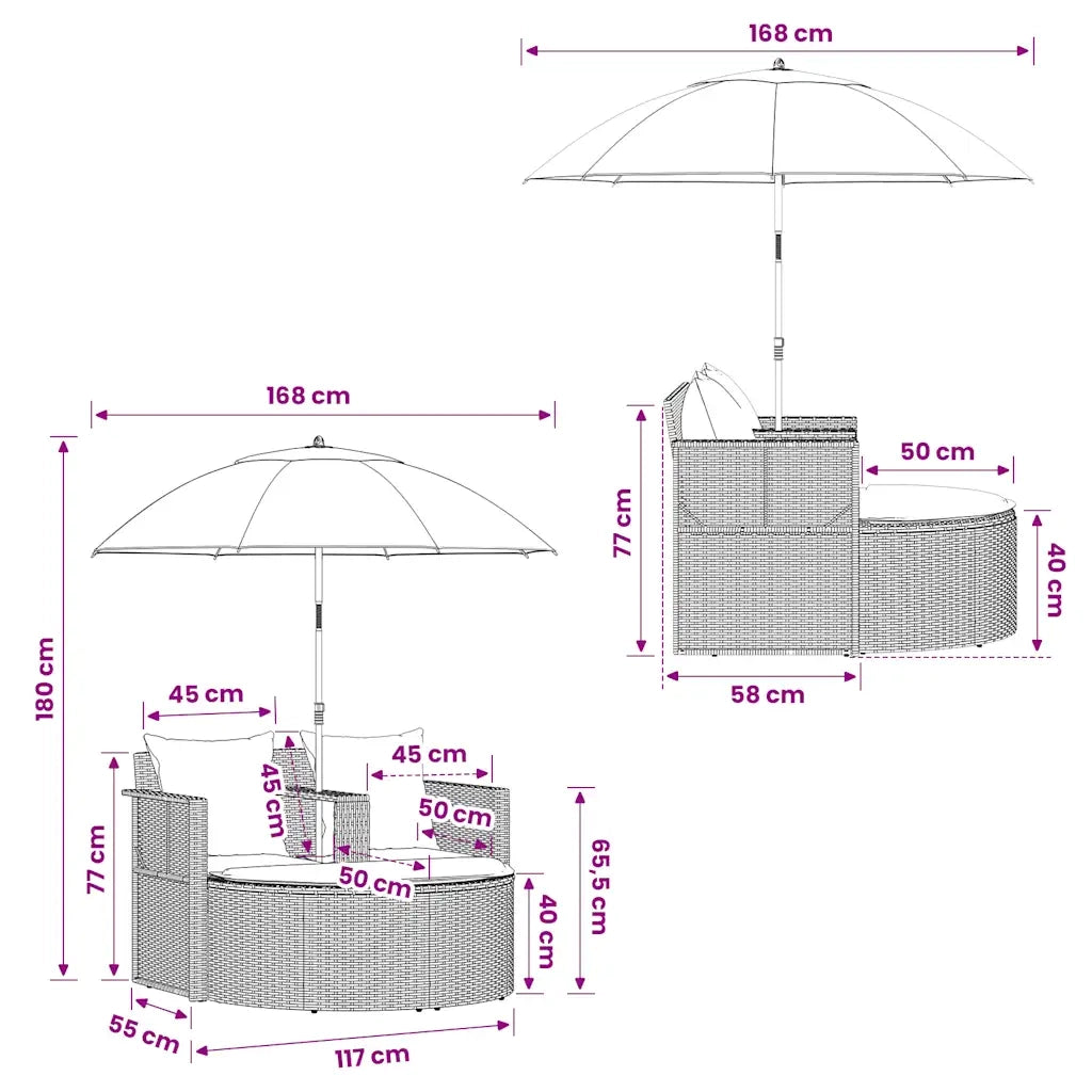 Divano da Giardino 2 Posti Cuscini Ombrellone Grigio Rattan PE 44478