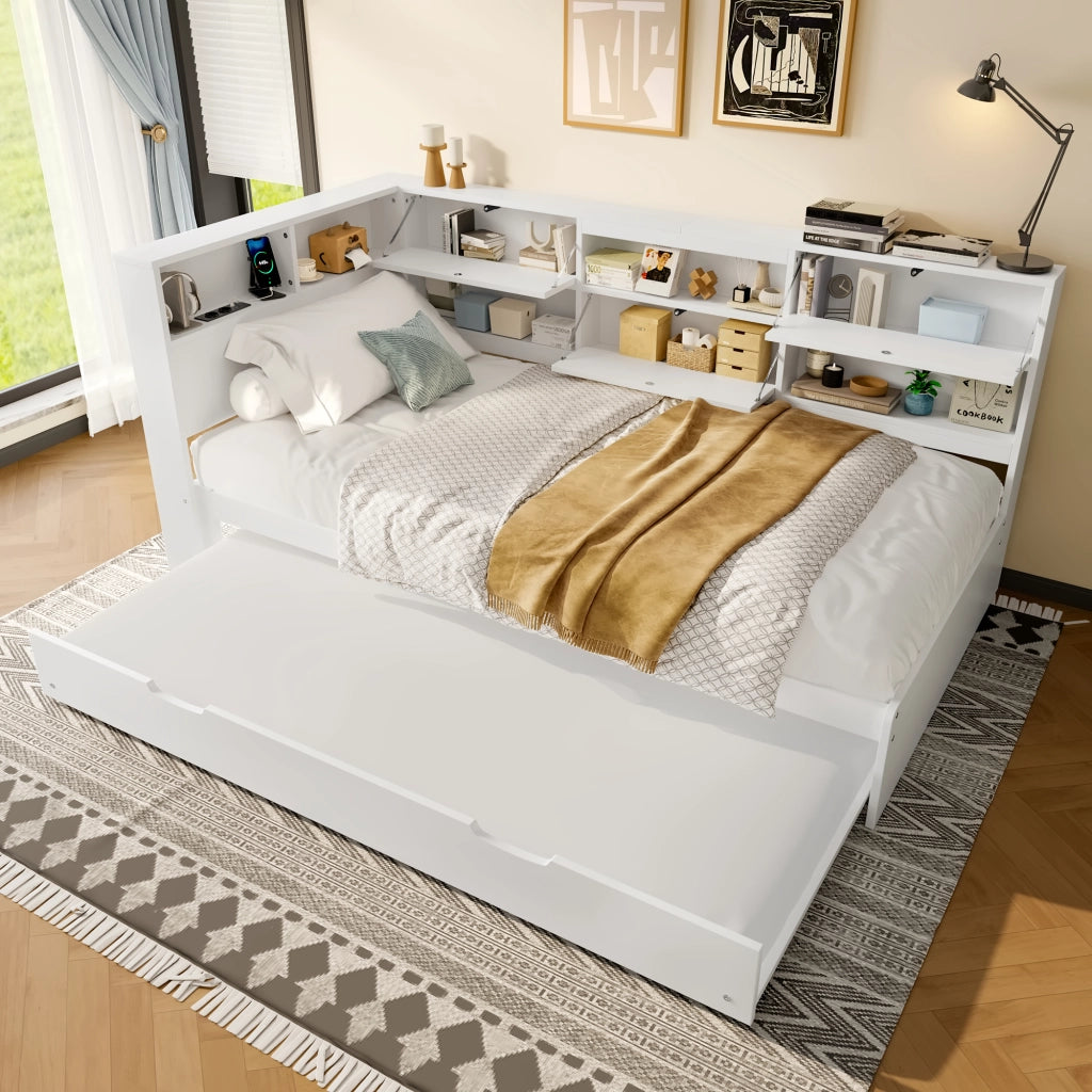 OKWISH Letto a Scomparsa 90×200 cm, Letto Singolo con Letto estraibile, USB, Type C e Contenitore, senza Materasso, Bianco