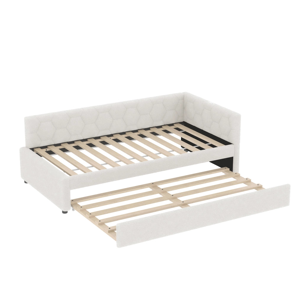 OKWISH Letto a Divano 90×200 cm, Letto Singolo con Letto Estraibile, USB, Tipo C e Lampada, senza Materasso, in Velluto, Bianco