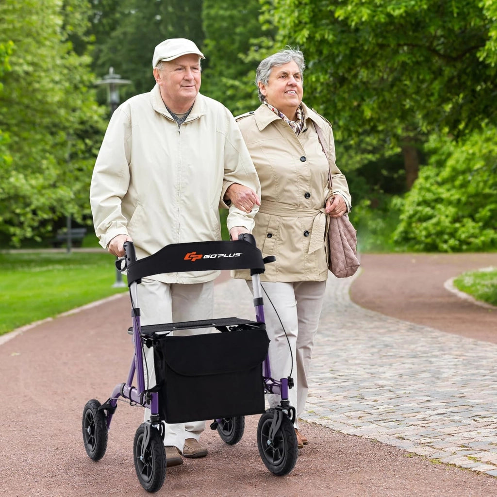 Deambulatore con Seduta 2 in 1, Rollator Pieghevole per Anziani con 4 Ruote, Maniglie Regolabili in Altezza 81-94cm, Portaombrelloni e Borsa Portaoggetti, Carico Massimo 160 kg (Viola)