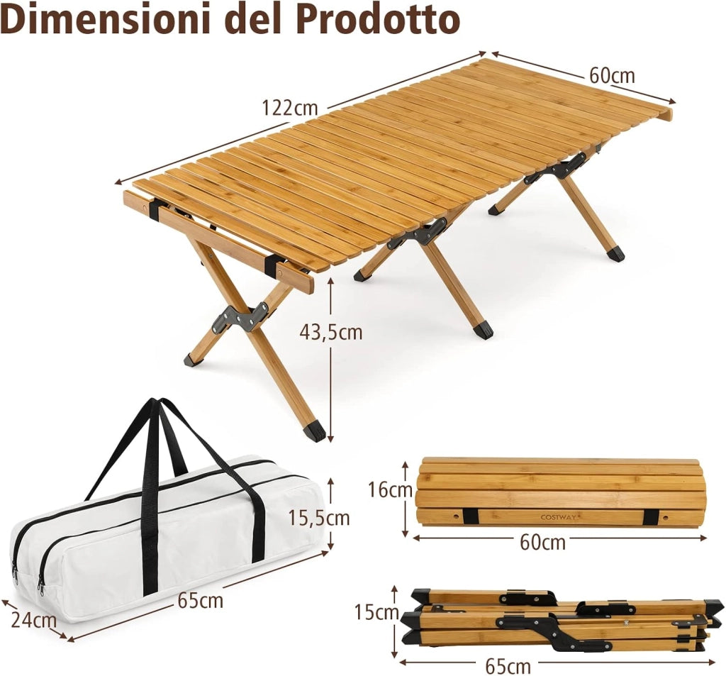 Tavolo da Campeggio Pieghevole di Bambù, Tavolo da Picnic Leggero con Borsa di Trasporto, Tavolo da Esterno per Campeggio, Trekking, Pesca e Barbecue, 122 x 60 x 43,5 cm (Naturale)