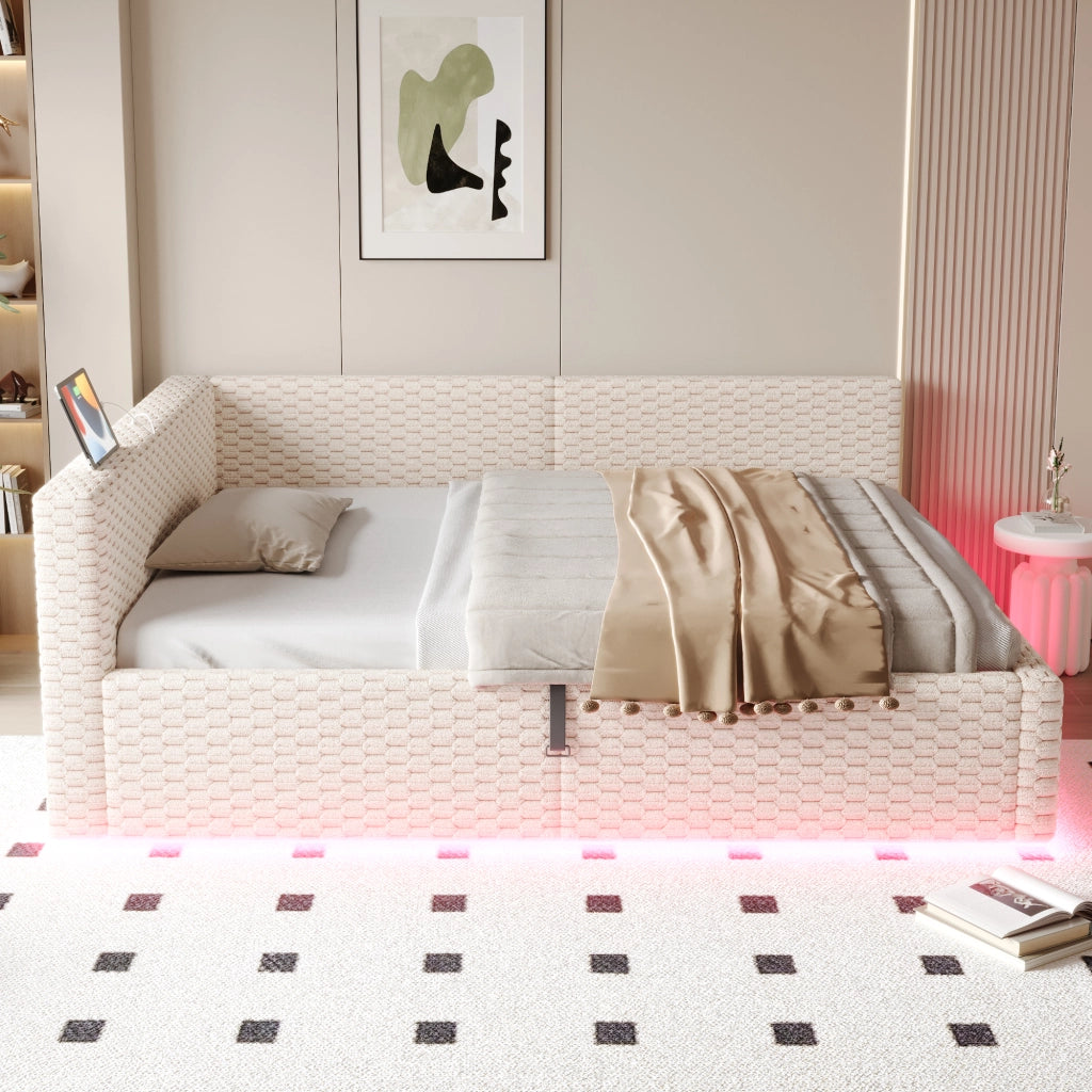 Letto divano 140 × 200 cm con contenitore idraulico, LED, 2 USB e Type-C, senza materasso, in velluto beige