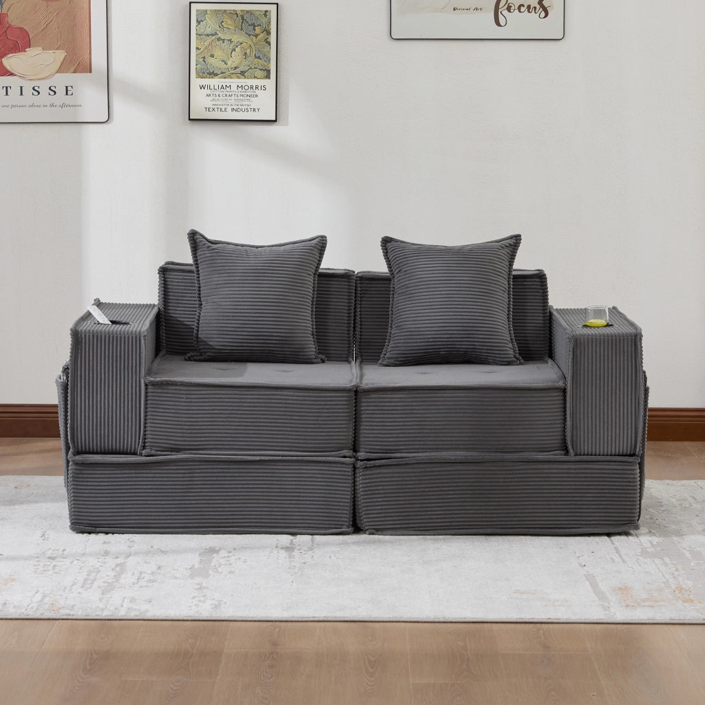 Fauteuil pouf modulare con tasche laterali e cuscini, seduta ergonomica per relax in velluto a coste grigio scuro