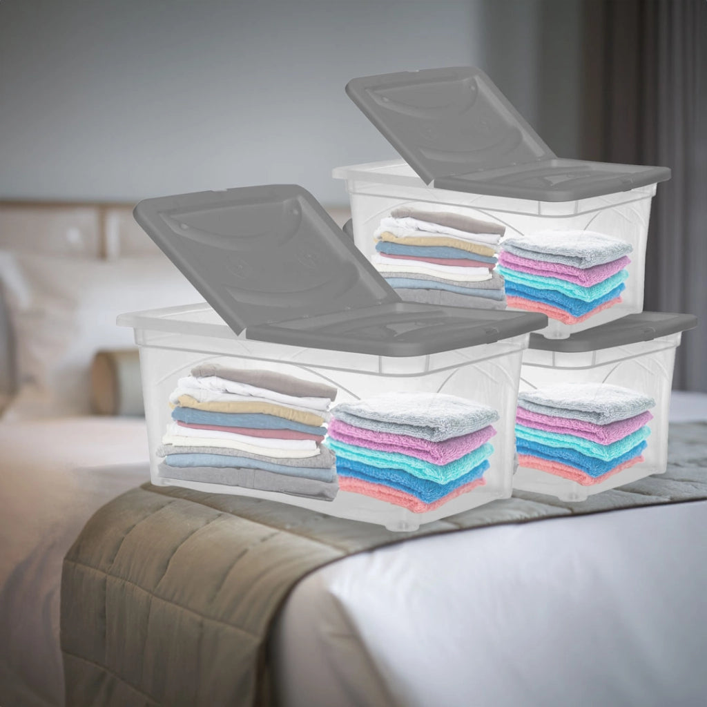 SET 3 PZ BOX PORTA INDUMENTI CON RUOTE DIMENSIONI 60X40X28CM E COPERCHIO GRIGIO