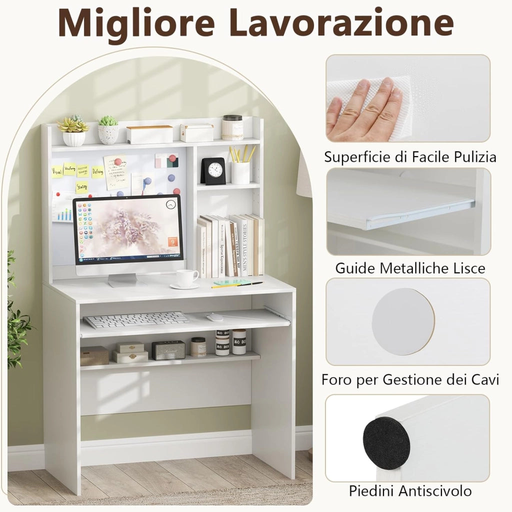 Scrivania per Computer Bianca, Scrivania con Lavagna Magnetica, Ripiani Regolabili e Vassoio per Tastiera, Scrivania Salvasapzio per Ufficio e Casa, 89 x 50 x 138 cm