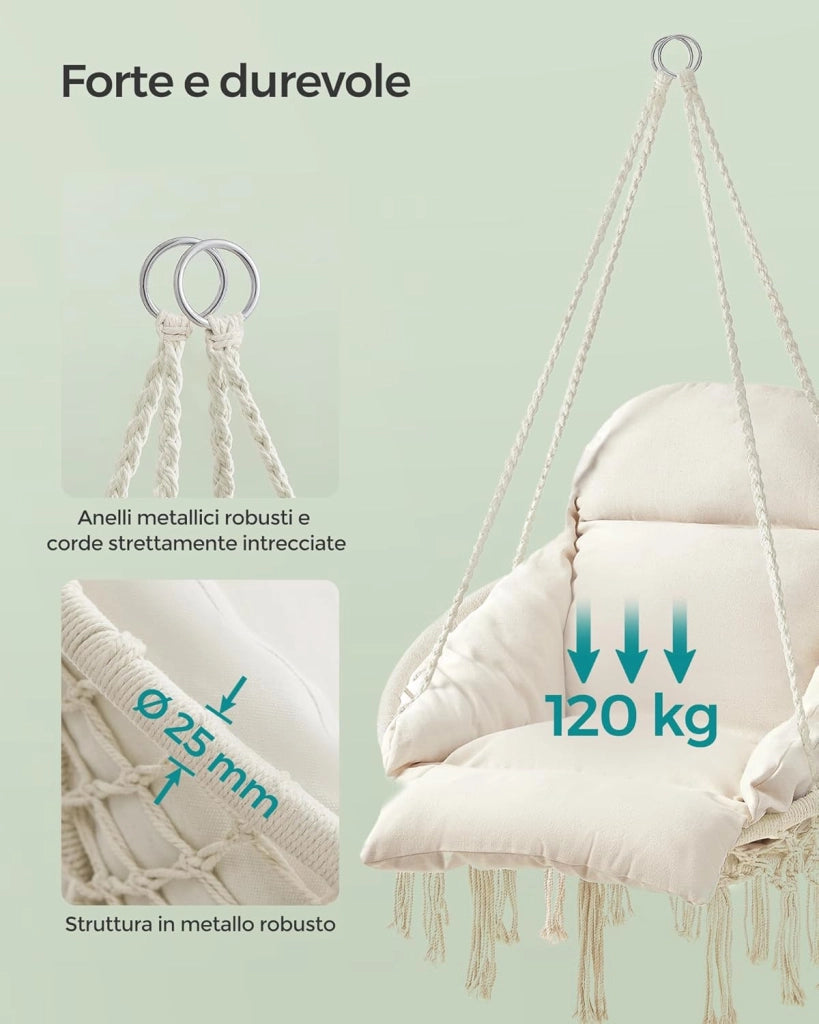 SONGMICS Sedia Altalena, Sedia Amaca, Cuscino Ben Imbottito, Sedia Sospesa Boho, Camera da Letto Balcone Giardino Soggiorno, Regge 120 kg, Accessori Inclusi, Bianco Crema GDC042M01