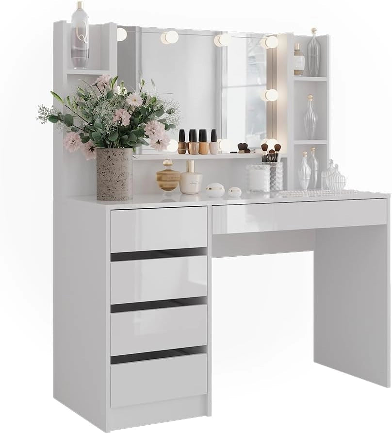 Tavolo da toeletta Sherry, Bianco/bianco lucido, 119.8 cm 5 parti, con illuminazione LED e grande specchio integrato