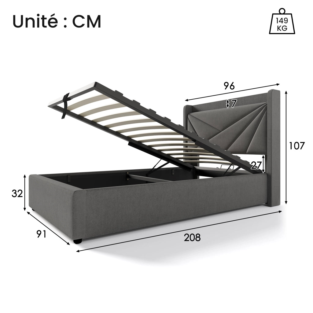 OKWISH Letto Contenitore 90×200 cm, Letto Singolo con Porte USB, Tipo C e Testiera, senza Materasso, in Cotone Lino Grigio