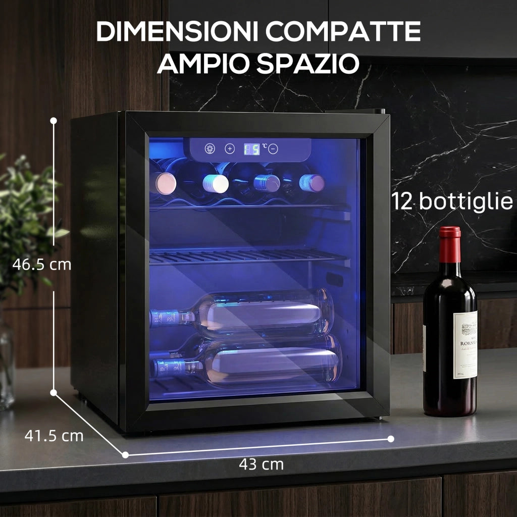 Cantinetta Vino Refrigerata 12 Bottiglie 36L Temperatura Regolabile 4-16°C con Vetro Anti UV Nero
