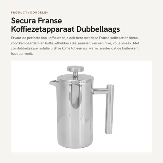 Caffettiera a doppio strato di isolamento - Filtro a tre stadi - Maniglia portatile - Mantello in acciaio inossidabile - Filtro a tre stadi - Portatile - Efficienza nel mantenimento della calore - Filtro a francese