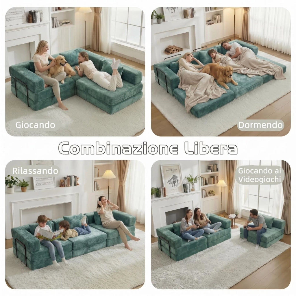 Divano compatto, divano letto pieghevole, moduli senza struttura, tessuto chenille, tre posti, verde scuro